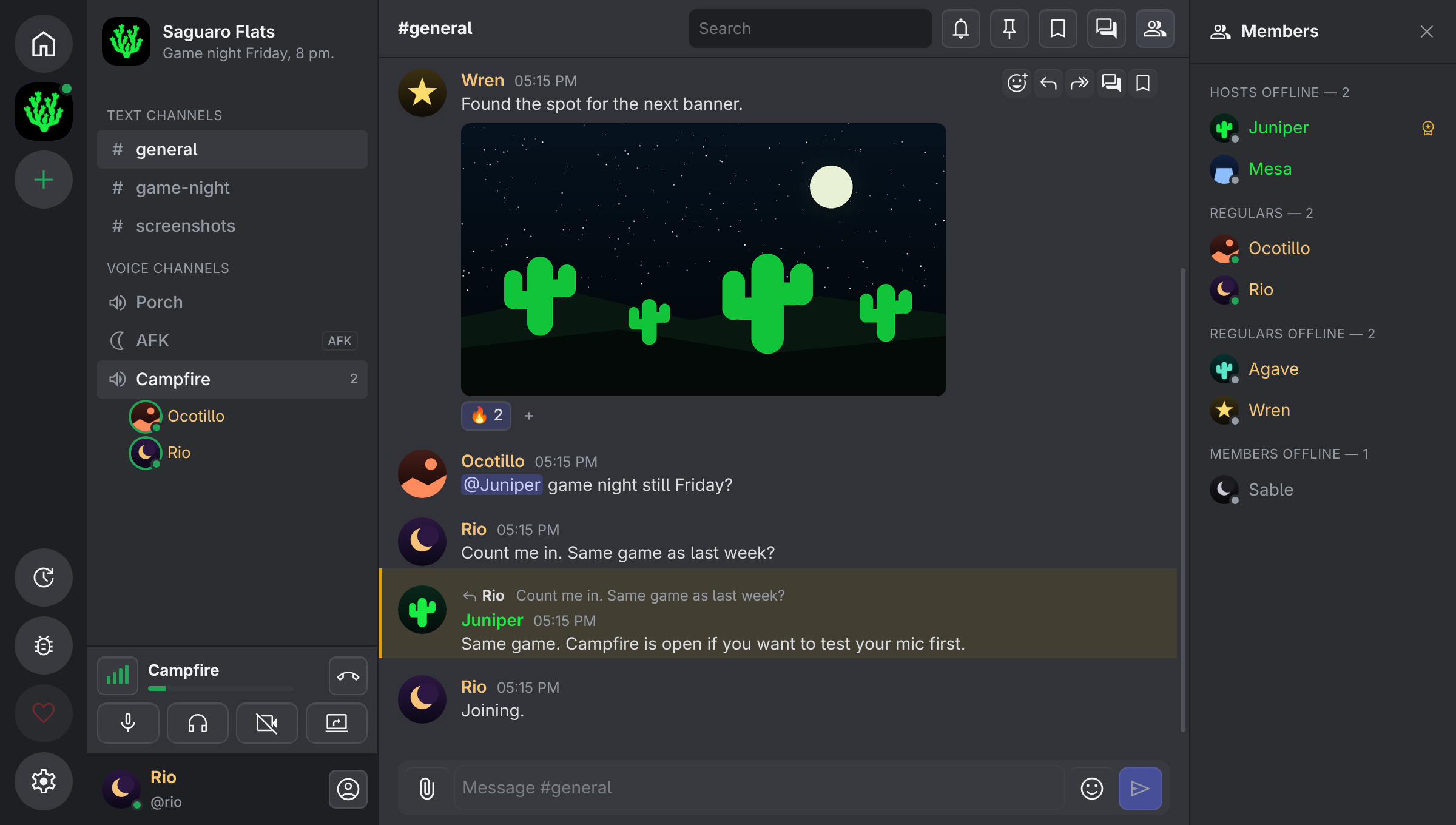 The Tephro client inside a server: channels on the left with two people in a voice channel, a conversation with a picture, a mention and a reply in the middle, the member list grouped by role on the right